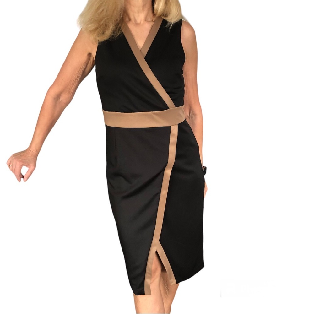 Cleo black with golden beige neck & waist accents mid-calf v-neck size medium